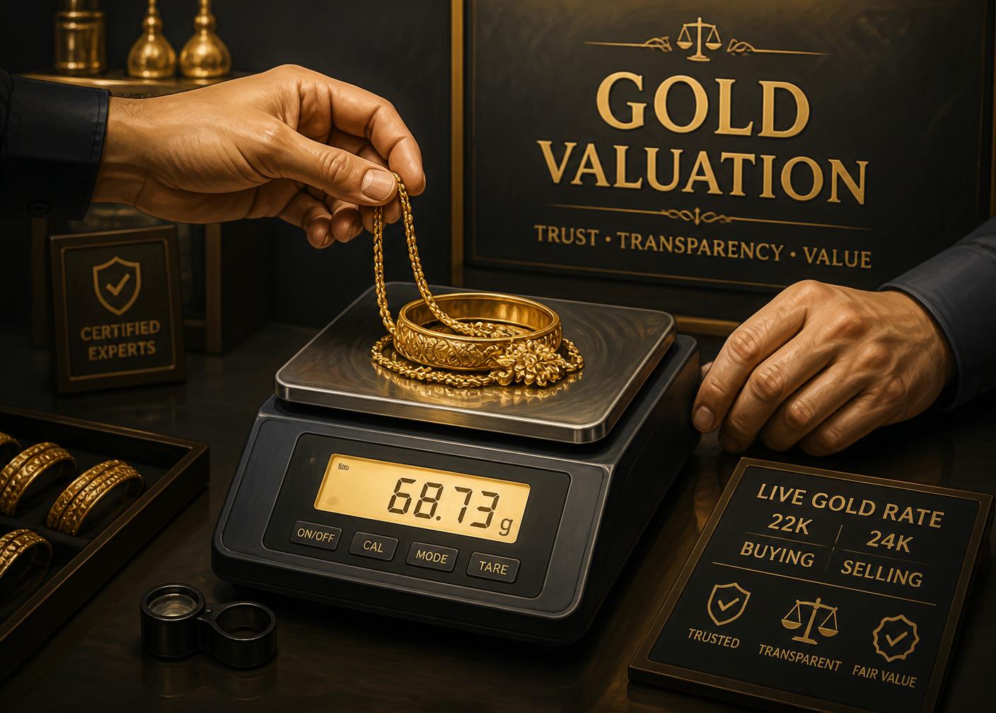 The AnjaneyaGoldPoint valuation counter with a digital scale and gold jewellery
